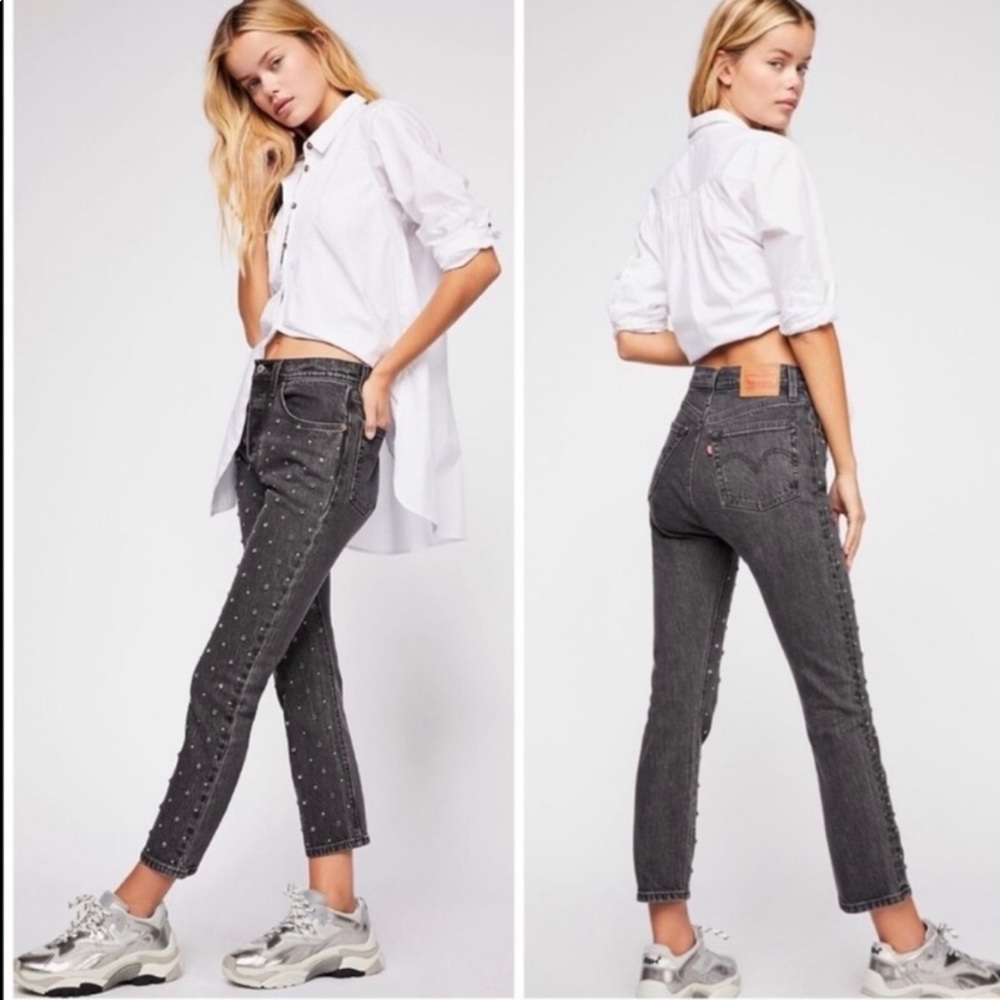 Levi’s Premium 501 Original Crop Silver Studded Jean dark wash ankle length